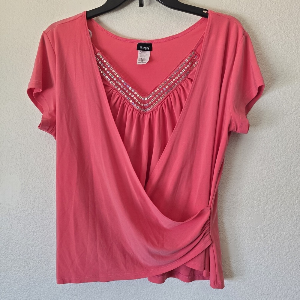 Spin Faux Wrap Top Womens XL V-Neck Coral Y2k 90s Ruched Coquette Bling USA Made